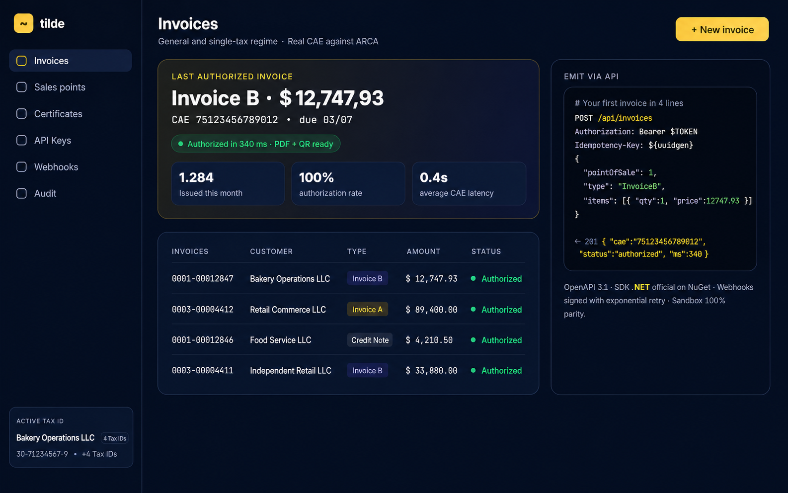 Invoices dashboard — real CAE from ARCA in milliseconds, multi-CUIT context, issue by portal or API.